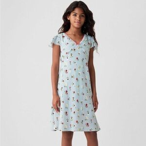 DOEN Girls Blue Floral Dress Size L (10–11Y) Red Trim Bow Detail GAP